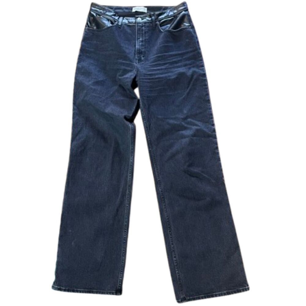 Abercrombie 90s Relaxed High Rise Jeans 30 10L Black Faux Leather Trim Long